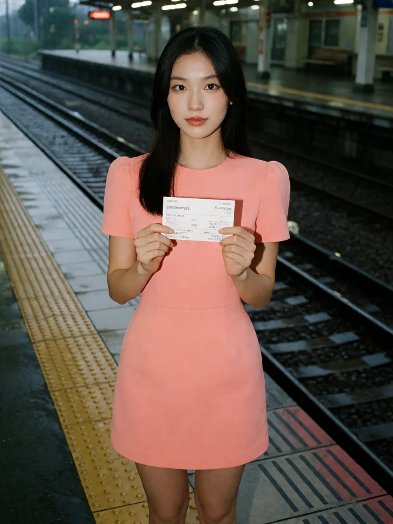 虚构成年女性穿桃粉短裙拿着车票站在雨后站台